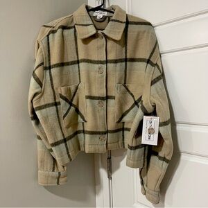 NWT For The Republic Tan and Green Teddy Jacket Cozy Cropped Style XL